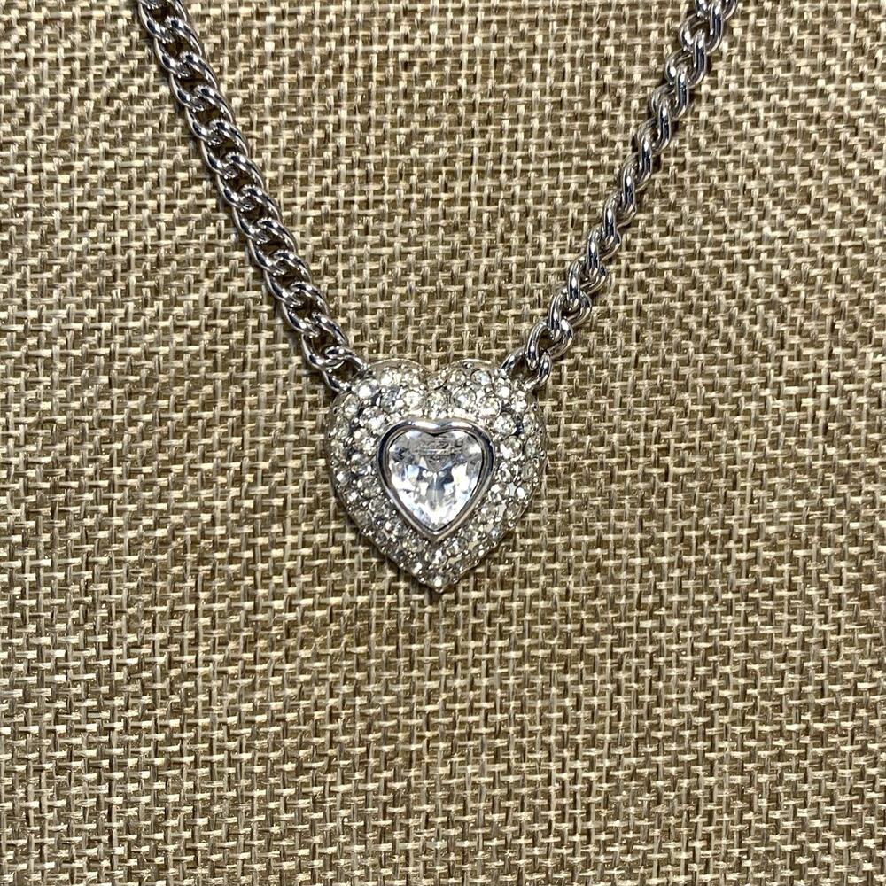 Vintage 1990s Trifari Rhinestone Heart Necklace Silver Tone Pave Crystal 16"